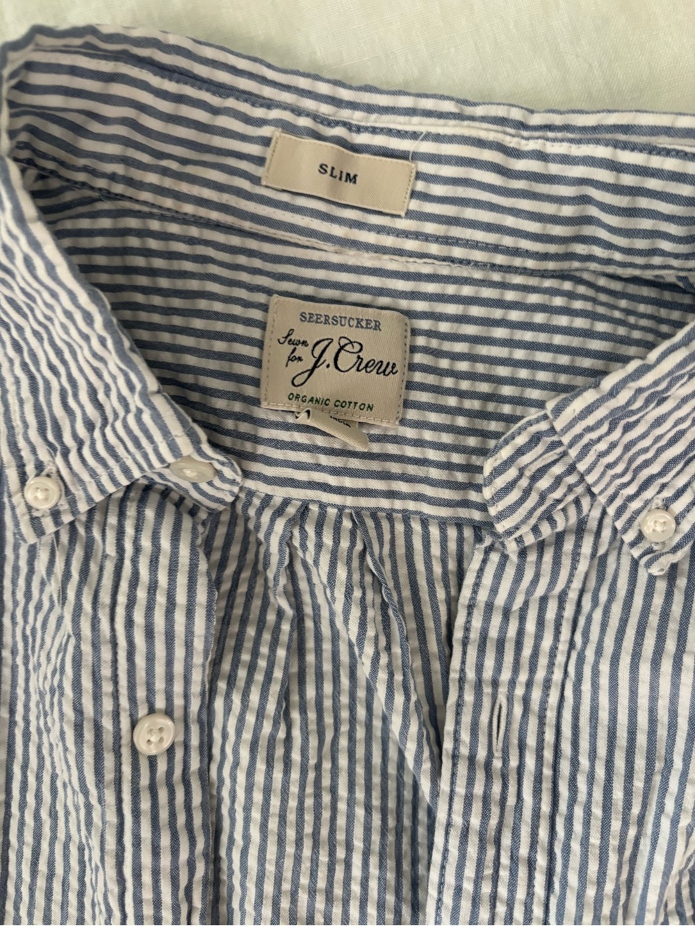 J. Crew Slim Blue and White Seersucker Button-Down Shirt